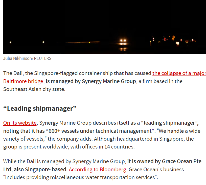 Shayan86's tweet photo. This bizarre post falsely claims Mitch McConnell's recently deceased sister-in-law Angela Chao was CEO of the company that owns the Dali ship, which hit the Baltimore Bridge.

Mrs Chao was CEO of Foremost Group, a US shipping company. The Dali's owned by Grace Ocean in Singapore. https://t.co/4PcW75LAr5