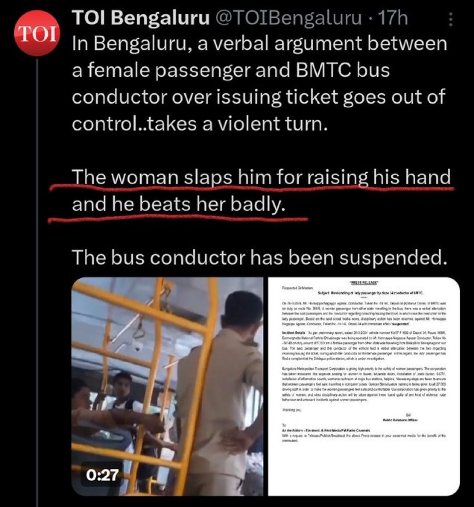 #Justice4BusConductor 

Why did the bus conductor face the consequences when women started the violence first @CPBlr  @BlrCityPolice take a quick action against the lady.

Such a shameless incident. Bangalore police failed to protect men in the city.

#SRHvMI