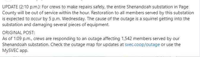 An update on outages in Page County, via our Facebook page.