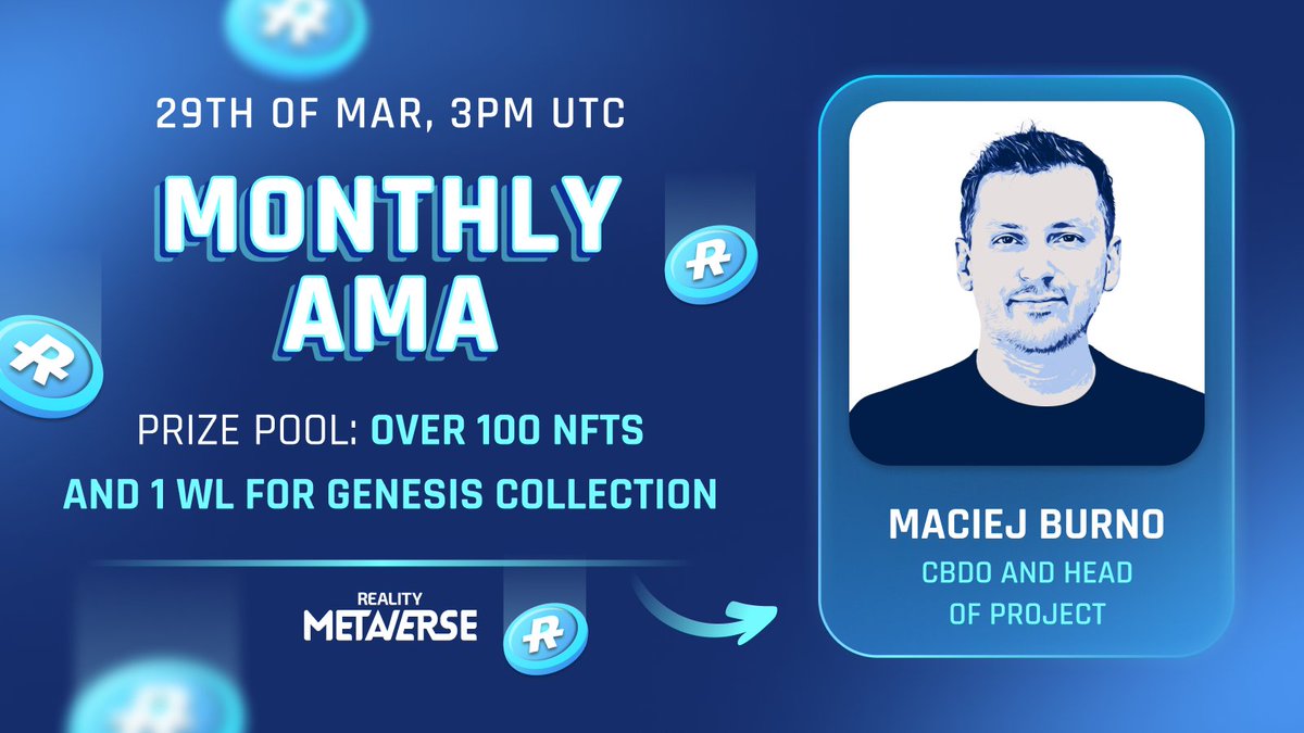 Realitymeta's tweet photo. Join Our Monthly AMA Session! 🎤

Mark your calendars for March 29, from 15:00 to 16:00 UTC, as we're hosting our monthly Ask Me Anything session LIVE on YouTube! 📅

🏆  Prize Pool: 1st Place: 
1 WL spot for Genesis Collection
1 Tier0 NFT and 4 Tier3 NFTs for the best questions!

Additionally, 100 NFTs will be distributed to participants on a FCFS basis!

🏛️ Place: https://t.co/ndfAjJrmvO

🌟 How to win:  ask questions during our live AMA or submit them in advance on Discord: https://t.co/5jDUjsb8pB - winners chosen during the AMA

Exciting times ahead! 🌟 Last month was just the tip of the iceberg – there's so much more in store! 🚀 Join us for our upcoming AMA session to uncover exclusive insights and be part of the journey forward! 💡 Your curiosity fuels our passion – let's explore together!