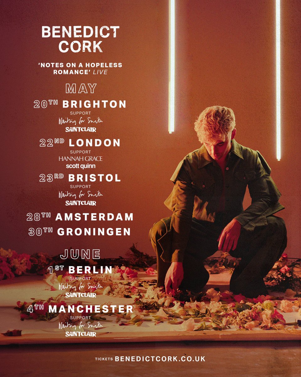 very excited to have @waitingforsmith @hangracemusic @scottpquinn & saint clair supporting me on tour in may/june, tickets available at the link below if you fancy joining us x linktr.ee/benedictcork