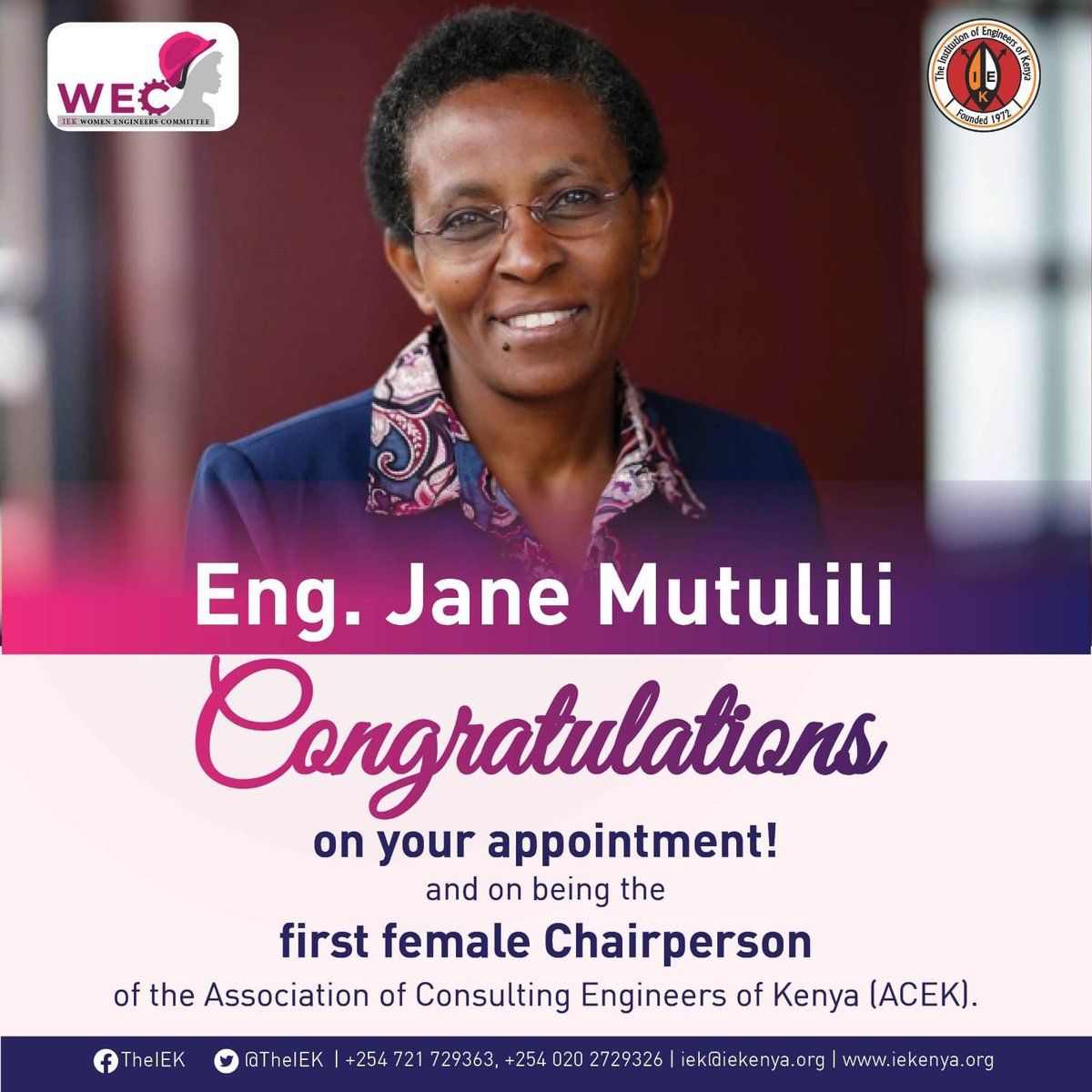 On behalf of WEC members, I take this opportunity to congratulate you madam chair. Thank you for inspiring us and setting the pace! A great role model and mentor to many 🙏🙏🙏🙏 well deserved. @janemutulili @ACEK1968 @TheIEK @EngineersBoard