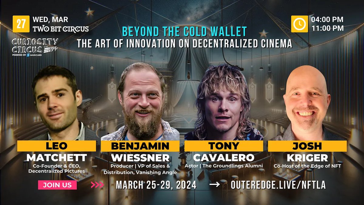 DCP_Foundation's tweet photo. 🎞️ Beyond the Cold Wallet: The Art of Innovation on Decentralized Cinema 🍿

📍Two Bit Circus

⏰ Happening TONIGHT @ 7PM‼️

🎟️ For Tickets: https://t.co/6mAZMN9i5n https://t.co/eoHytY26LL
