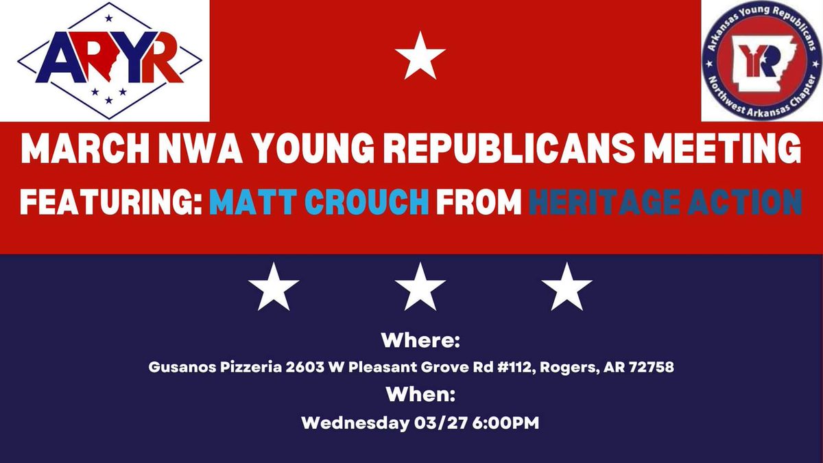 Tonight's meeting will feature Matt Crouch from Heritage Action, part of The Heritage Foundation.

See you at 6:00!

#RogersAR #Bentonville #NWA #FayettevilleAR