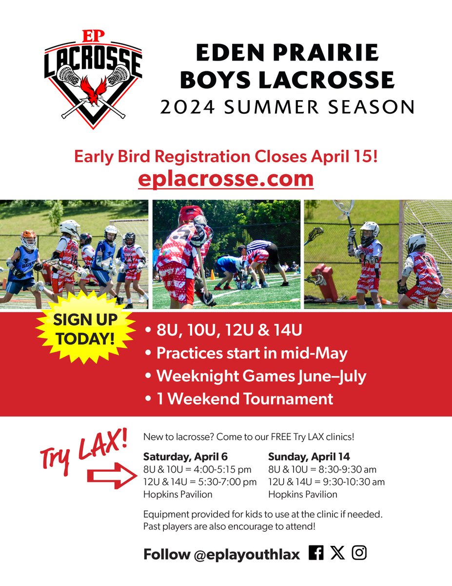 Reminder to sign up for EP boys summer lacrosse! Early bird registration closes 4/15. 🥍
New to lacrosse or need a refresher? Free Try LAX clinics on Sat 4/6 &amp; Sun 4/14. Equipment available to borrow.
eplacrosse.com/page/show/2449…
#youthlax #boyslacrosse #edenprairiemn #edenprairie