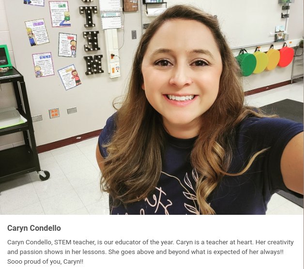 Tonight's Northside ISD Educator of the Year Ceremony will feature Caryn Condello, STEM Teacher at Leon Springs Elementary! Well deserved! @NISDAcadTech @NISDLeonSprings