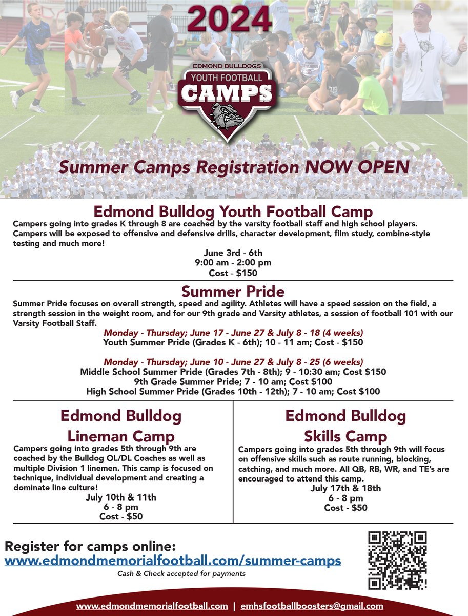 Summer football camps season is fast approaching, so be sure to get your youth, middle school or high school player registered for one or more of our camps ASAP! edmondmemorialfootball.com/summer-camps