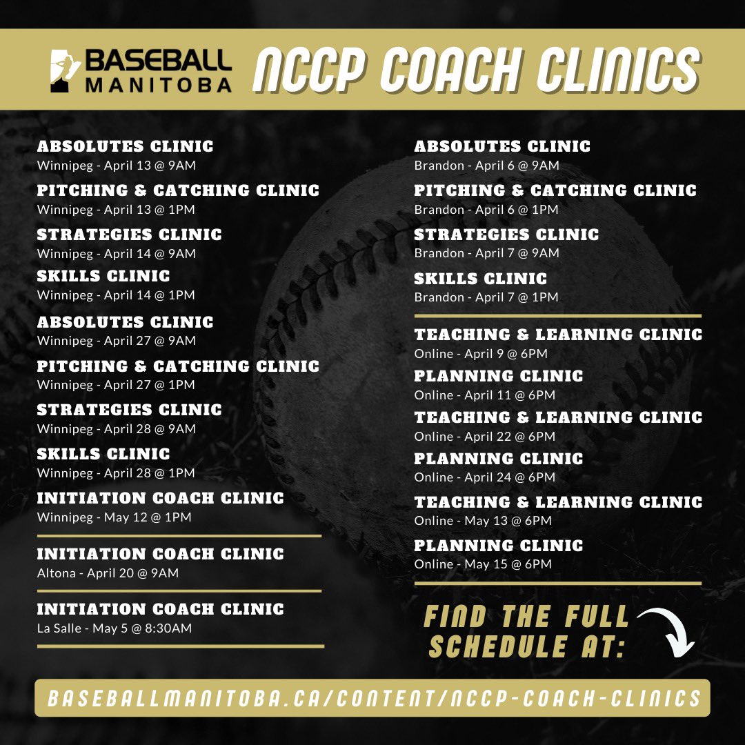🚨COACHES!🚨

There are multiple NCCP Coach Clinics available over the next two months, including clinics for Strategies, Skills, Teaching &amp; Learning, &amp; more! 
Check out our website to see a full list as well as coaching requirement info! ⬇️

🔗: baseballmanitoba.ca/content/coach-…