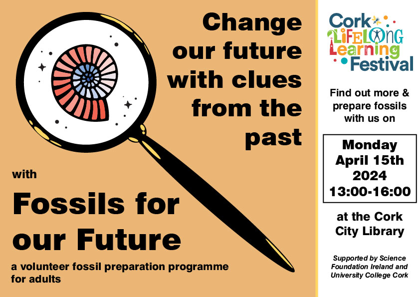 📣Now is your chance to become a palaeontologist!
Fossils for our Future is hosting a fossil workshop @ Cork City Library on Monday Apr 15th 2024 for #CorkLearningFest2024
@corkcitylibraries @uccBEES @MariaMcN_palaeo #CorkLovesLearning @scienceirel @iCRAGcentre @IrishFossils