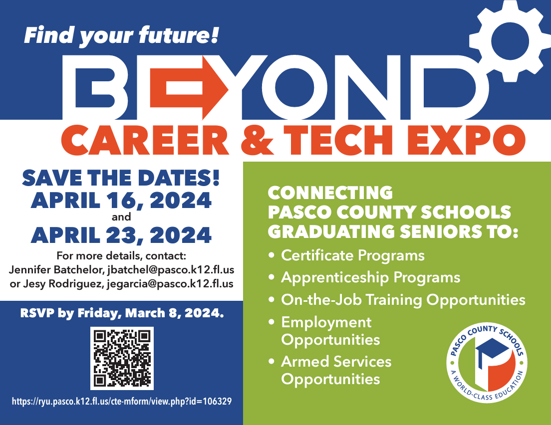 PascoEDC's tweet photo. Upcoming Career & Tech Expos with @pascoschools⚙️ Connect with graduating seniors to share what opportunities your company has available. https://t.co/oCrRtglhEf #workforceCONNECT #WorkforceWednesday #PascoProud https://t.co/7jTrl9Mprm