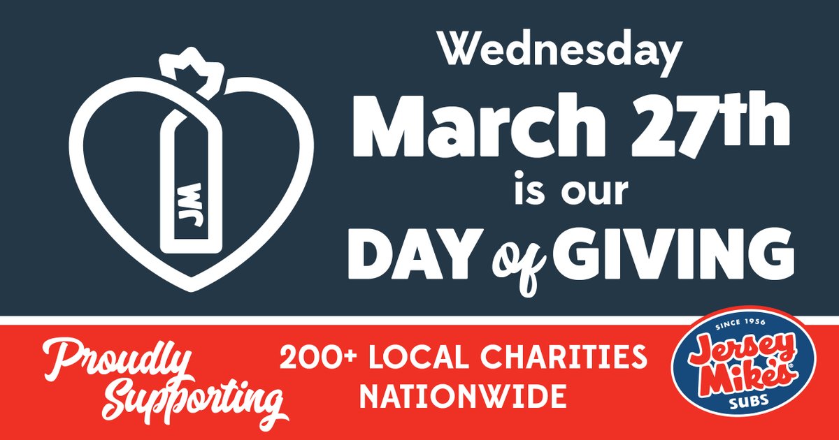 Today, Wednesday, March 27th, our friends at @JerseyMikes will be donating 100% of ALL sales nationwide to 200+ local charities during their Day of Giving. Drop a 🤝 below to show your support. #JerseyMikesGives