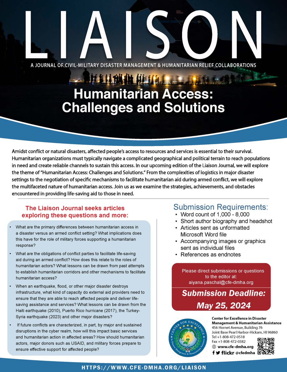 CALL FOR SUBMISSIONS: The Liaison Journal is opening up submissions for its next issue on Humanitarian Access. To learn more, head to our webpage here: cfe-dmha.org/Liaison/Submit…