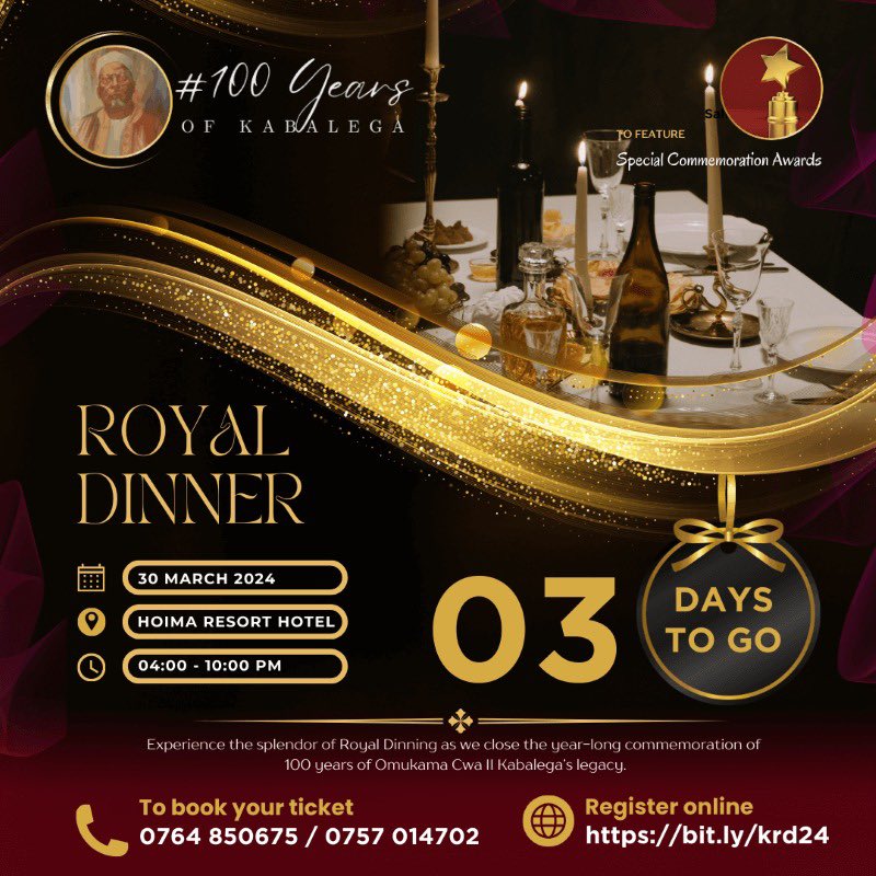 This weekend in Hoima, we crown the yearlong celebration of #100YearsofKabalega
with the #KabalegaRoyalDinner. Join us at this glamorous event to be part of history as we dine, dance and make merry with Bunyoro’s top shots. Secure your ticket NOW!
#Celebratingaheroslegacy