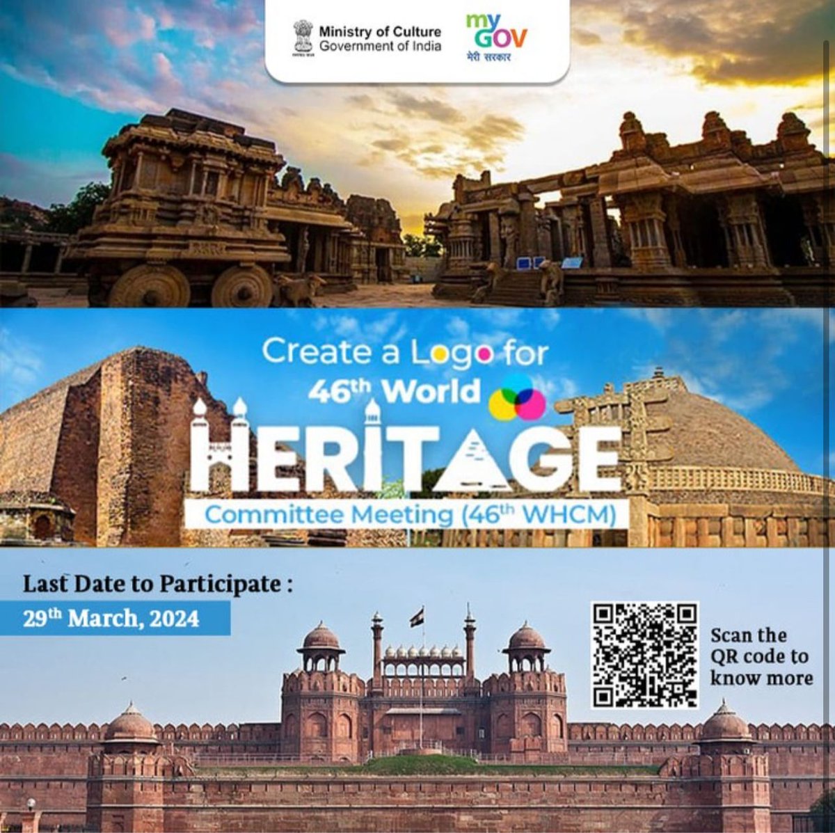 India proudly hosts the 46th World Heritage Committee Meeting in July 2024. Express your creativity to design a logo that captures our incredible built heritage. Don't miss the opportunity to submit your design by March 29, 2024. [Scan the QR code for details] #CultureUnitesAll