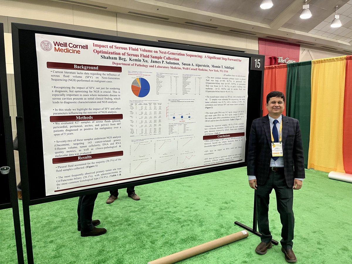 Our @WCMCPathology colleague Dr. Shaham Beg and his @TheUSCAP poster, 'Impact of Serous Fluid Volume on Next-Generation Sequencing: A Significant Step Forward for Optimization of Serous Fluid Sample Collection.' #USCAP2024 #IAMUSCAP #PathTwitter #Pathology