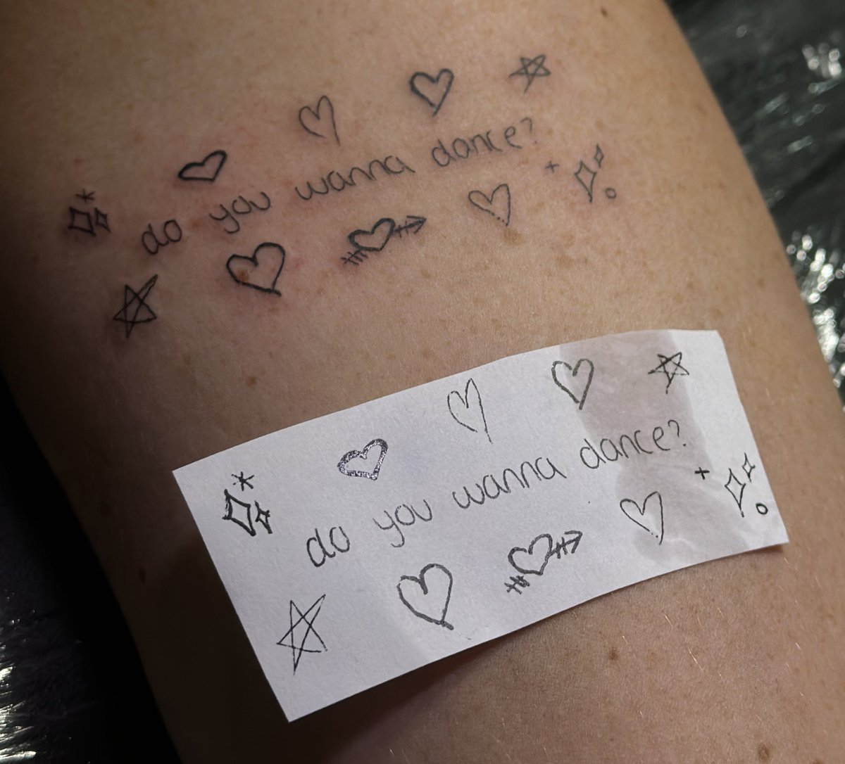 to end this era i had miss cait write me a You tattoo and my sweetie friends draw a little doodle to go with it🥹 thanku to all of you for being the best friends &amp; for all the wonderful memories! here’s to dancing at the back of the hall again hopefully sometime soon🥂❤️