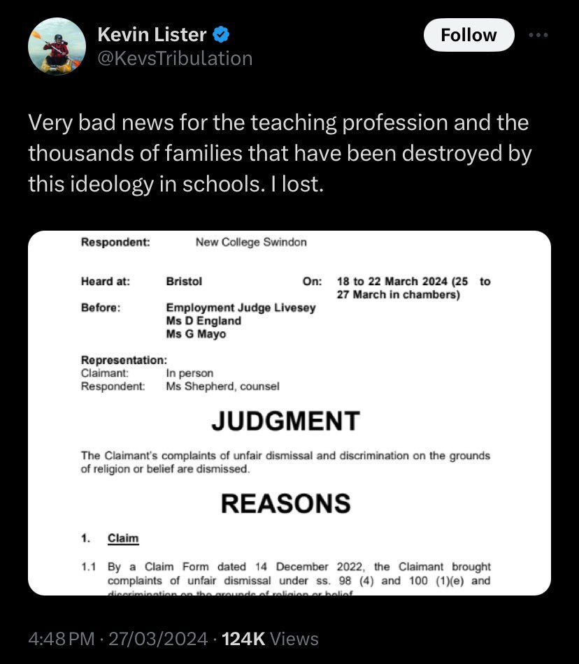 IndiaWilloughby's tweet photo. Transphobe Kevin Lister LOSES claim he’s entitled to deliberately misgender and insult trans kids, on the grounds it’s his ‘belief’. Isn’t it now clear that Mr Justice Choudhry’s decision to make ‘gender critical’ (transphobia) a protected belief encourages bullies?Needs revoking https://t.co/W3QDGlzkle