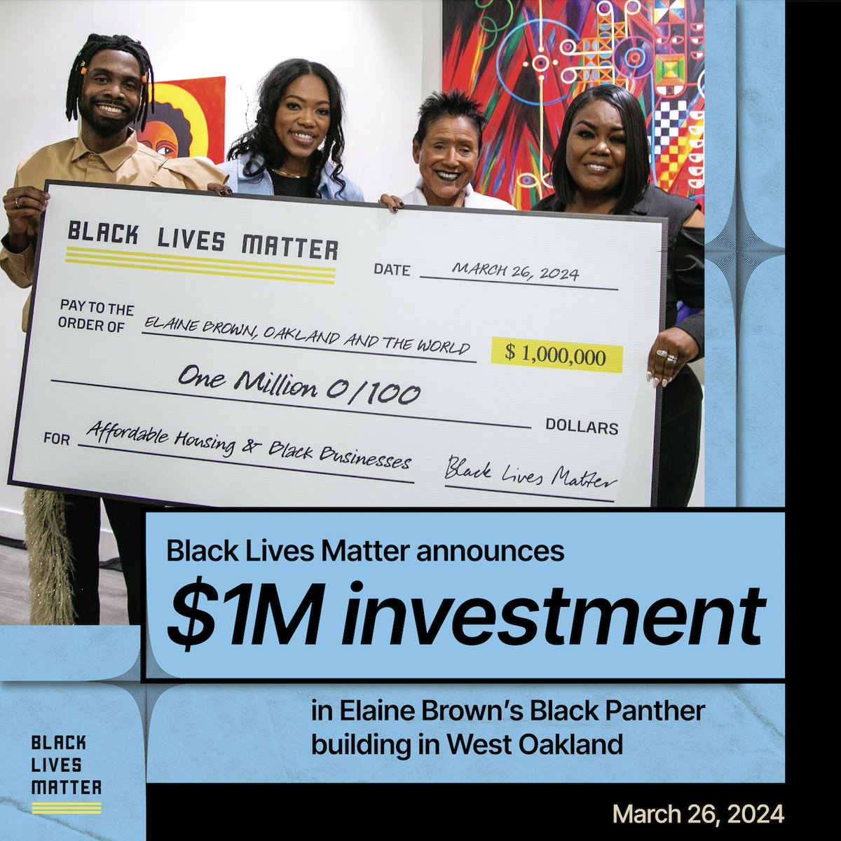 We just presented former Black Panther Chairwoman Elaine Brown with $1 million to fund the Black Panther building in West Oakland and the Black-owned businesses that will make it thrive!