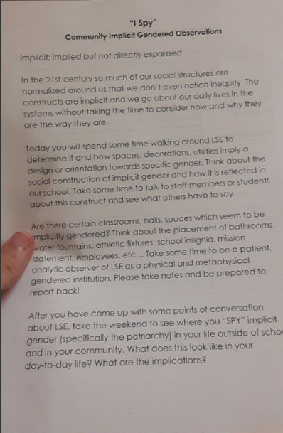 SCOOP: An assignment at <a href="/lsehs/">Lincoln Southeast HS</a> instructed students to roam around their school looking for examples of gender inequity.

The assignment also asks students to find evidence of "the patriarchy" outside of school life.

I'm told parents were really upset when they found out.

We