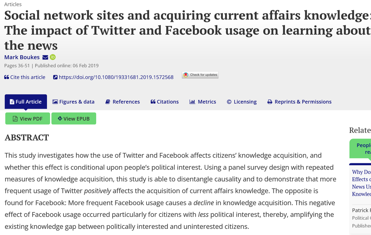 ➡️O P E N A C C E S S ⬅️ @MarkBoukes uses a panel survey design to determine how the use of #Twitter and #Facebook affects citizens’ knowledge acquisition 🧐and if this effect is conditional upon people’s political interests. tandfonline.com/doi/full/10.10… @apsa_itp @APSAtweets