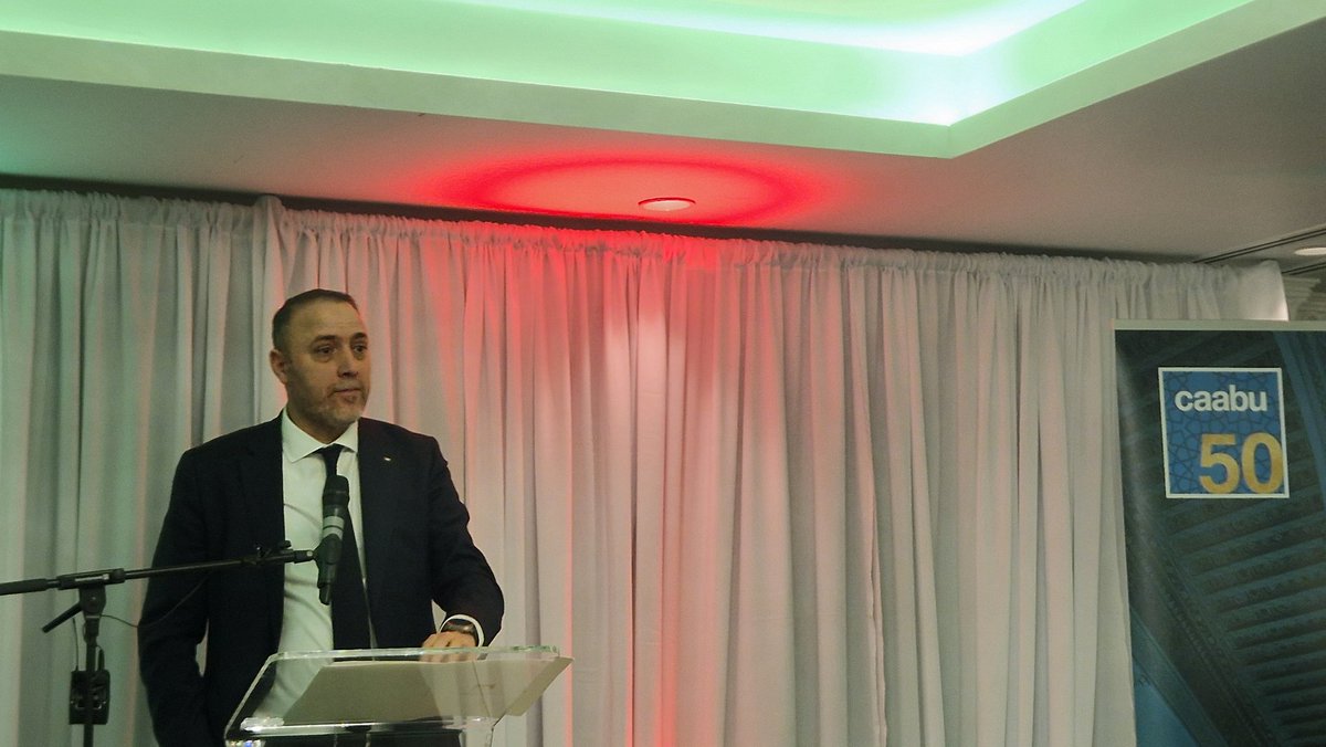 Doylech's tweet photo. As we @caabu @AFH_charity gather at an Iftar in Manchester, @hzomlot articulates with his usual brilliance and passion the horrors Palestinians have been facing     #manchesterunitesforgaza https://t.co/xp8ggxUuUK