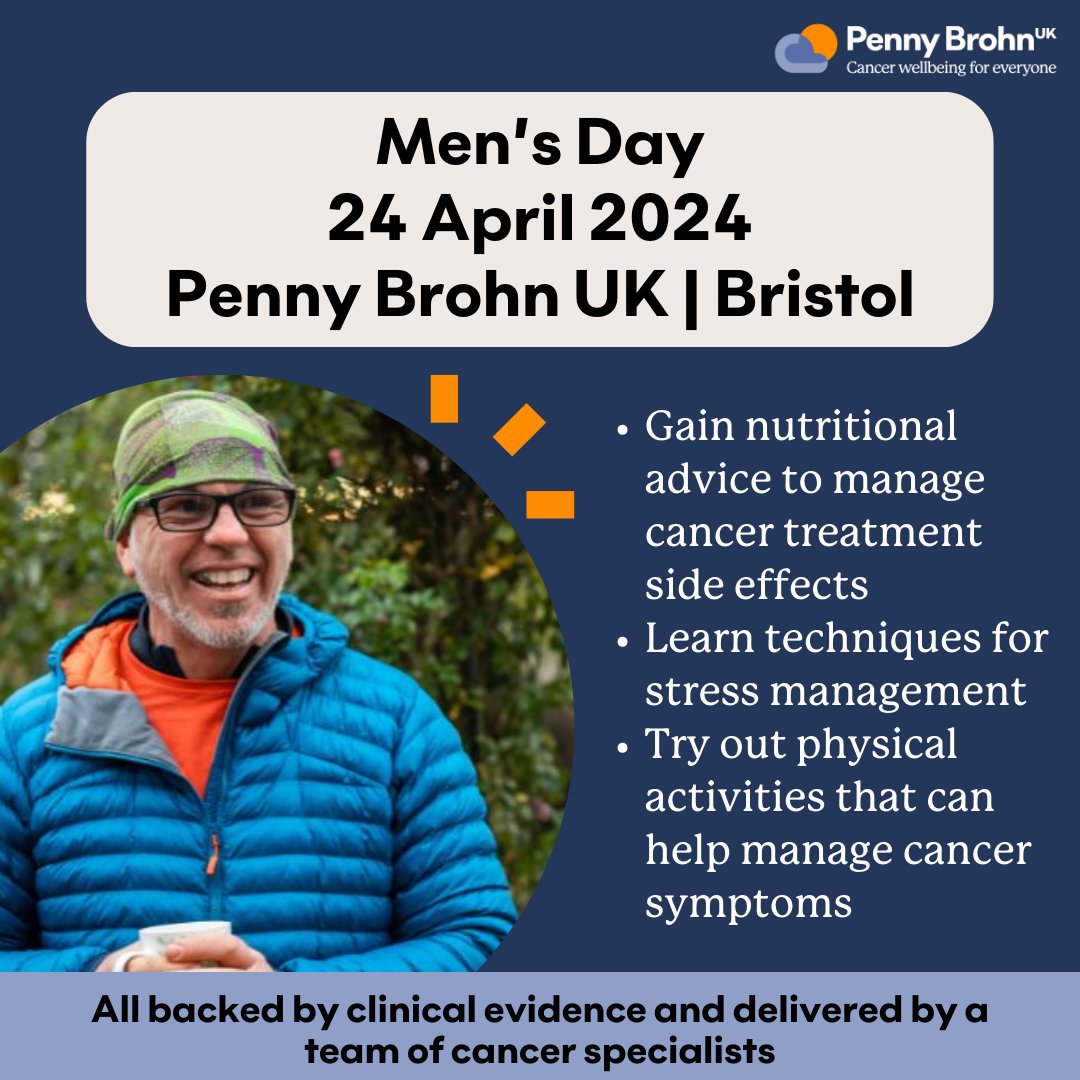 Join our first ever Men's Day to gain practical, evidence-based tools for living well with cancer - all delivered by a multidisciplinary team of cancer specialists. 📅 24 April ⏲️ 10am-4pm 📍 Penny Brohn UK Centre, Bristol Learn more and sign up here: l8r.it/lb2y