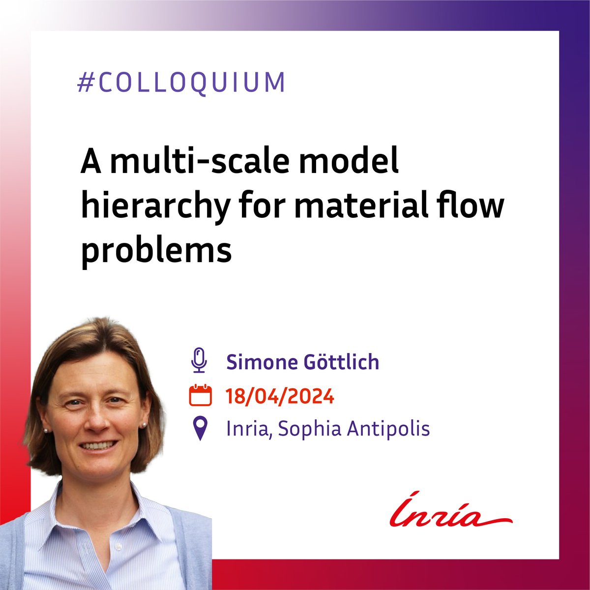 inria_sophia's tweet image. 📢[STD] 18 avril prochain #ColloquiumMorgenstern avec Simone Göttlich de l&apos;univ de Mannheim
&quot;A multi-scale model hierarchy for material flow problems&quot; 
#MathematicalModeling #Optimization #NumericalSimulation #Traffic
Inscription bitly.ws/3gTRz
➕bitly.ws/3gTRn