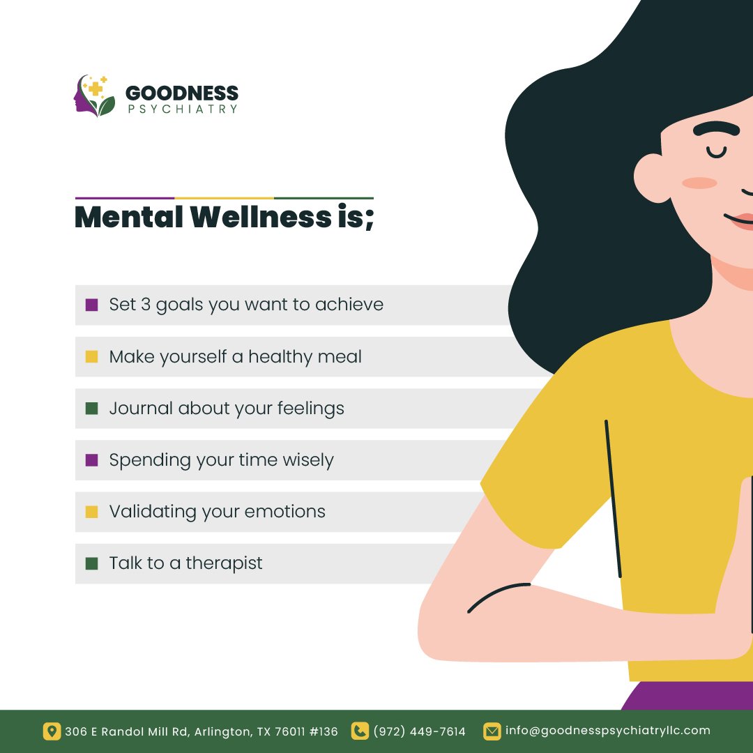 What does mental wellness means to you? 

Let us know in the comments❤️ 

#GoodnessPsychiatry #MentalHealthCare #MentalHealthServices #CompassionateCare #MentalHealthSupport #FeelSupported #DiverseSettings #CompassionateHelp #GoodnessPsychiatrySupport #MentalWellnes