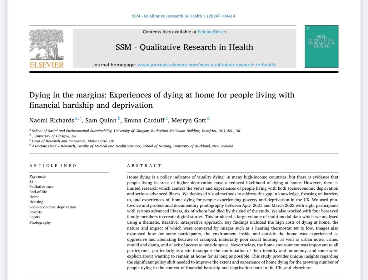 📣Brilliant paper (that I am jealous of!) klaxon🚨⬇️ 🏠Sharing the experience of dying at home in socio-economic deprivation 📸 Unique insight of the financial burden & hardship using photography #Inequalities #Inequity in #PalliativeCare @Dying_Margins @DrNaomiRichards…