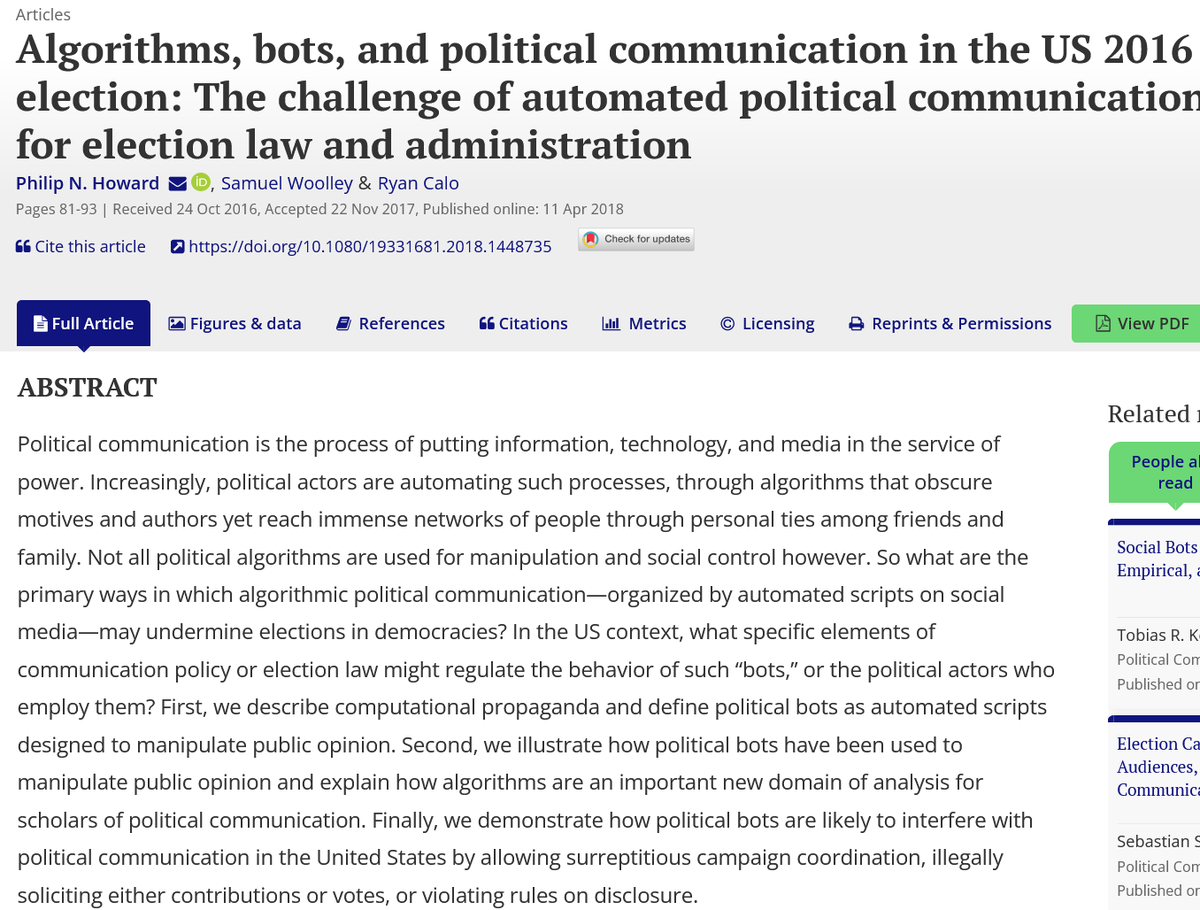 🌟Open Access🌟 Drs. Howard, Woolley, & @rcalo explore how algorithmic political communication may undermine elections in democracies by studying how political bots 🤖can manipulate public opinion. tandfonline.com/doi/full/10.10…
