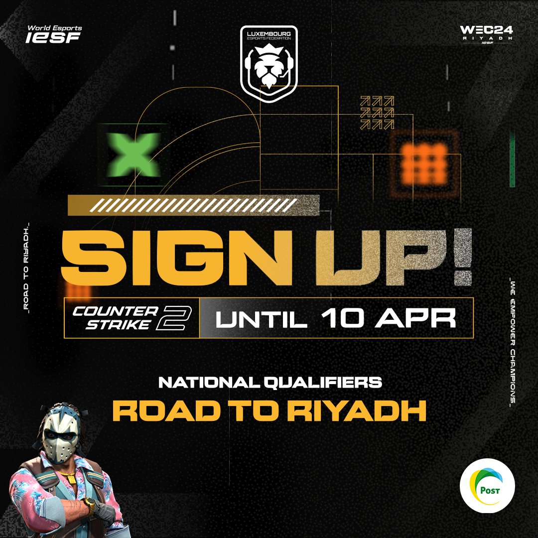 lesf_lu's tweet photo. 🏆 #IESF World Esports Championship 2024 🏆

We invite all #CS2 players to sign up for our National Qualifiers for the #WEC24! 

The selected team will represent Luxembourg in the Regional Qualifiers for a spot in Riyadh. 🇸🇦

📄 https://t.co/sIpnQuQMaZ https://t.co/qUFp6oh6Cn