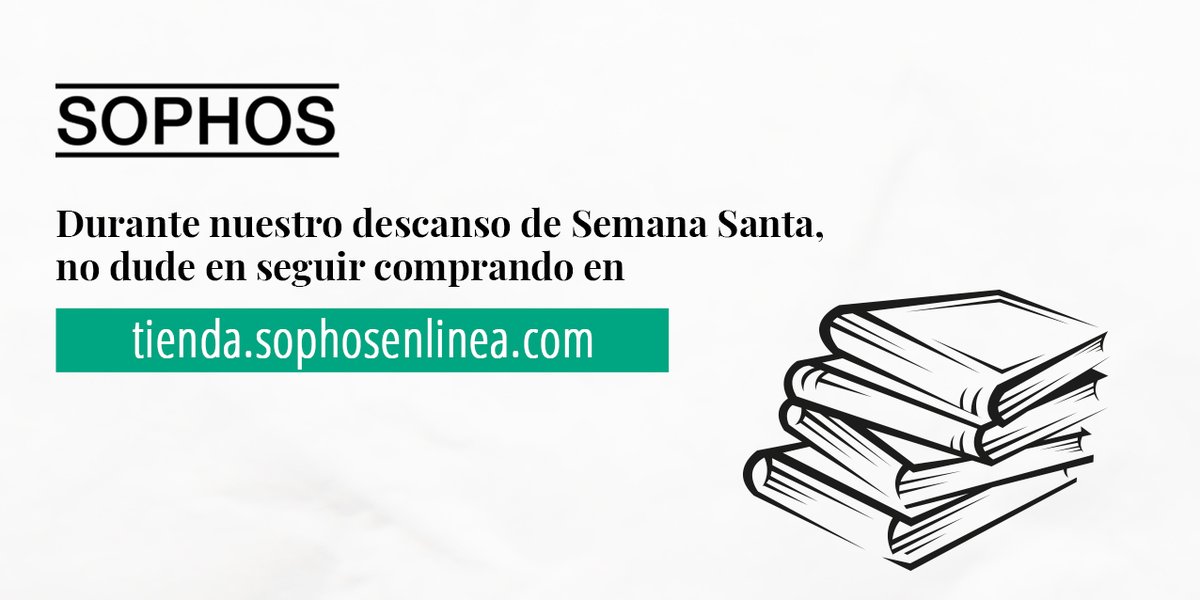 Durante nuestro descanso de Semana Santa, no dude en seguir comprando en tienda.sophosenlinea.com.

Sus libros serán entregados a partir del lunes 1 de abril.