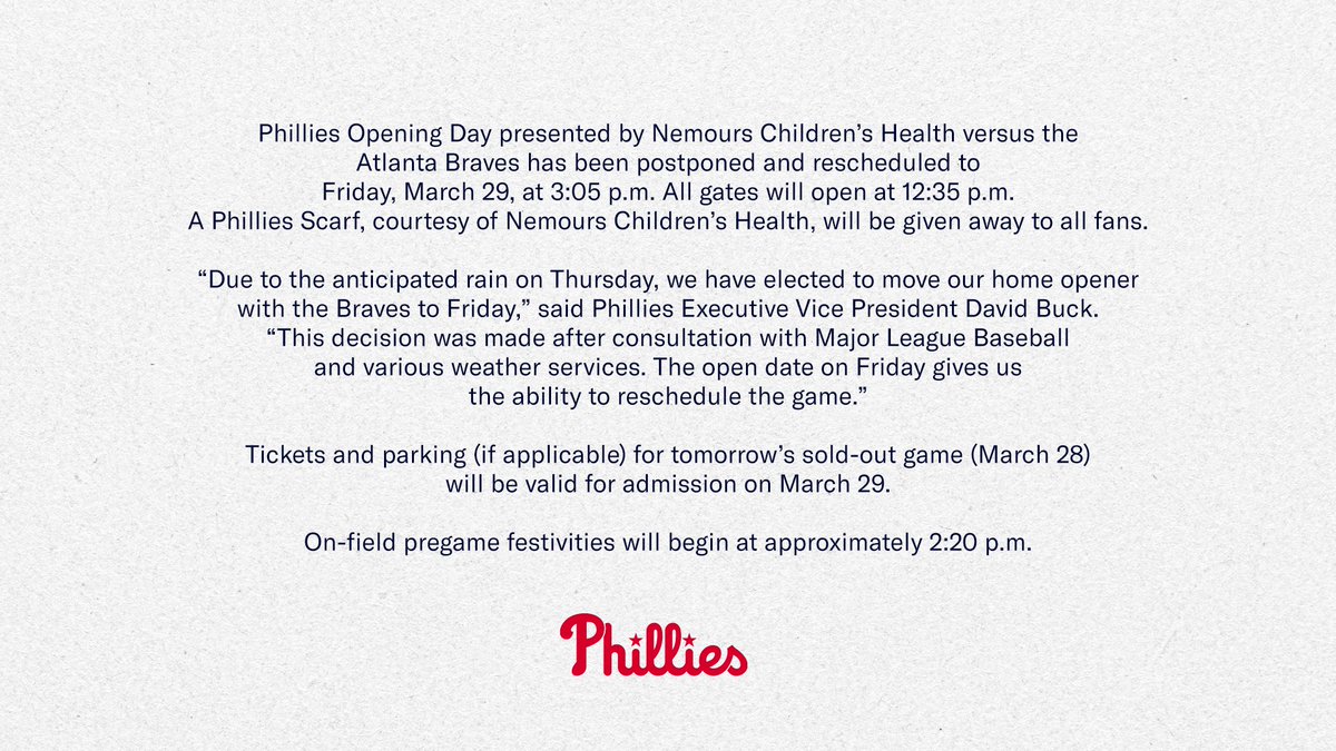Phillies Opening Day presented by Nemours Children’s Health versus the Atlanta Braves has been postponed and rescheduled to Friday, March 29, at 3:05 p.m. All gates will open at 12:35 p.m.