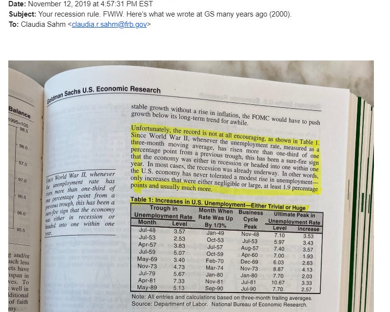 The ''Sahm Rule'' was not invented by @Claudia_Sahm. She stole it from a white male economist, Bill Dudley. This plagiarism of the Sahm rule was first revealed in this email from Bill Dudley to Claudia Sahm (see image), proving that he invented the rule 20 years ago. After…