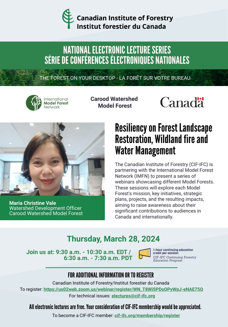 Join us tomorrow for a webinar co-hosted with @CIF_IFC on Resiliency with the Carood Watershed Model Forest (Philippines)🌲🖥️🌎 Register now: bit.ly/3xb0vRh #IamModelForest @FAOForestry @GPFLRtweets @CIFOR @CATIEOficial @NRCan @IUCN @IUCN_forests @RECOFTC