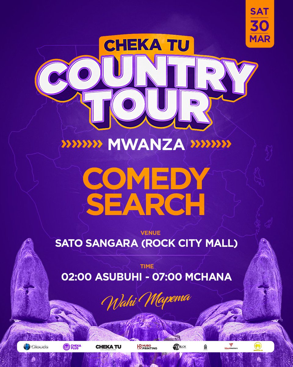 Cheka Tu Comedy Search Mwanza itafanyika SATO SANGARA (Rocky City Mall). Kuanzia saa mbili asubuhi siku ya jumamosi tarehe 30/03/2024