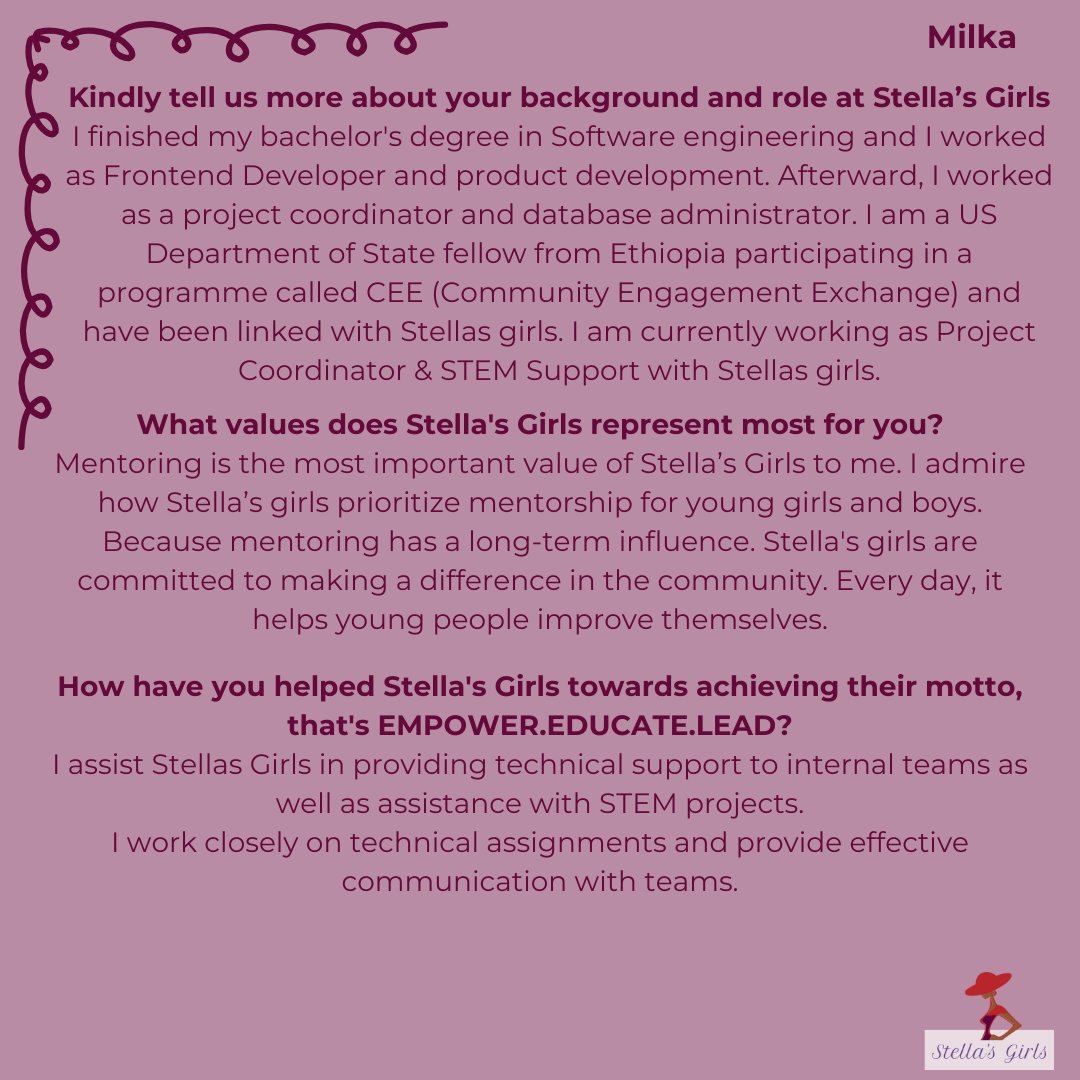 ❤️💜#MeetTheTeam #EmpowerYouth #CommunityLeaders #MentorshipMatters Meet Milka! 🚀✨Let's give a big shoutout to Milka, our tech-savvy Project Coordinator & STEM Support! Coming from Ethiopia as a US Department of State fellow, Milka's passion for mentoring shines bright!