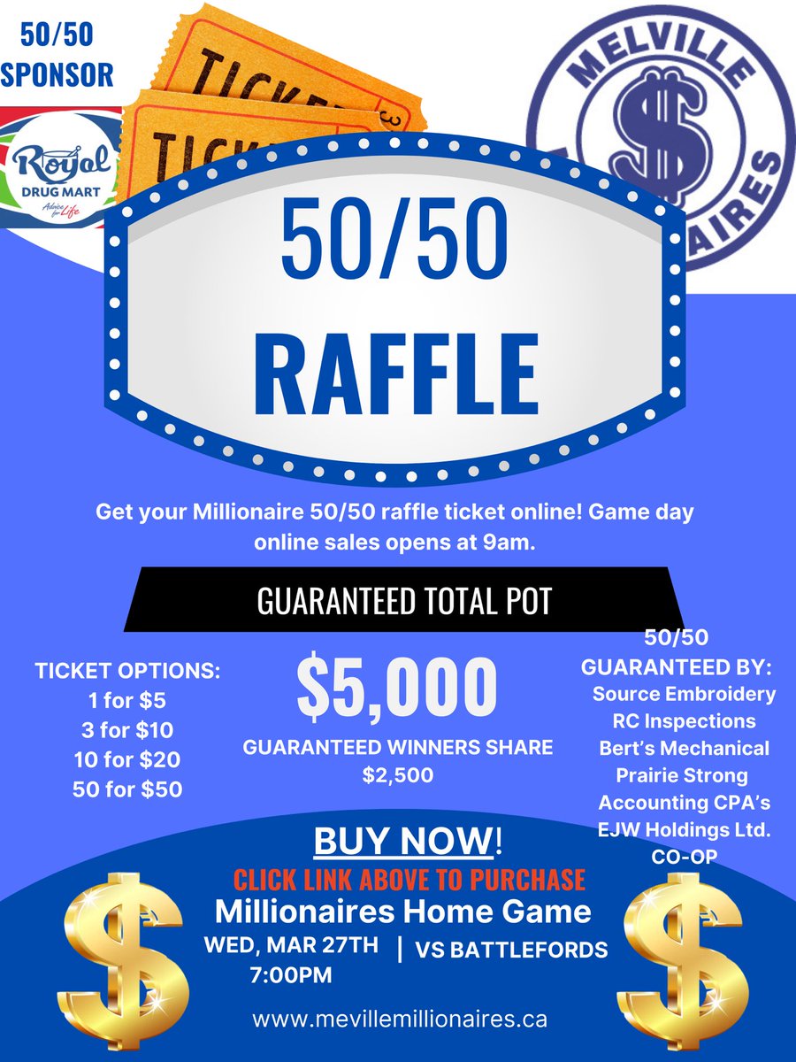 💰 ROYAL DRUG MART 50/50 💰 GAME 4 is happening tonight! Last night's 50/50 saw a total pot of $14,935, which means our lucky winner took home just under $7,500! Thanks to our sponsors, tonight's event guarantees another $5,000 total pot! sk.tap5050.com/apex/f?p=127:P…