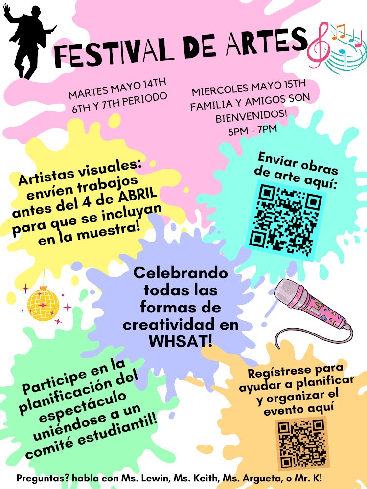 We are excited for our annual arts fest coming up in May! Reminder to submit your work by April 4th so it could be included in the 2024 WHSAT ARTS FEST 🎨🖼️🖌️