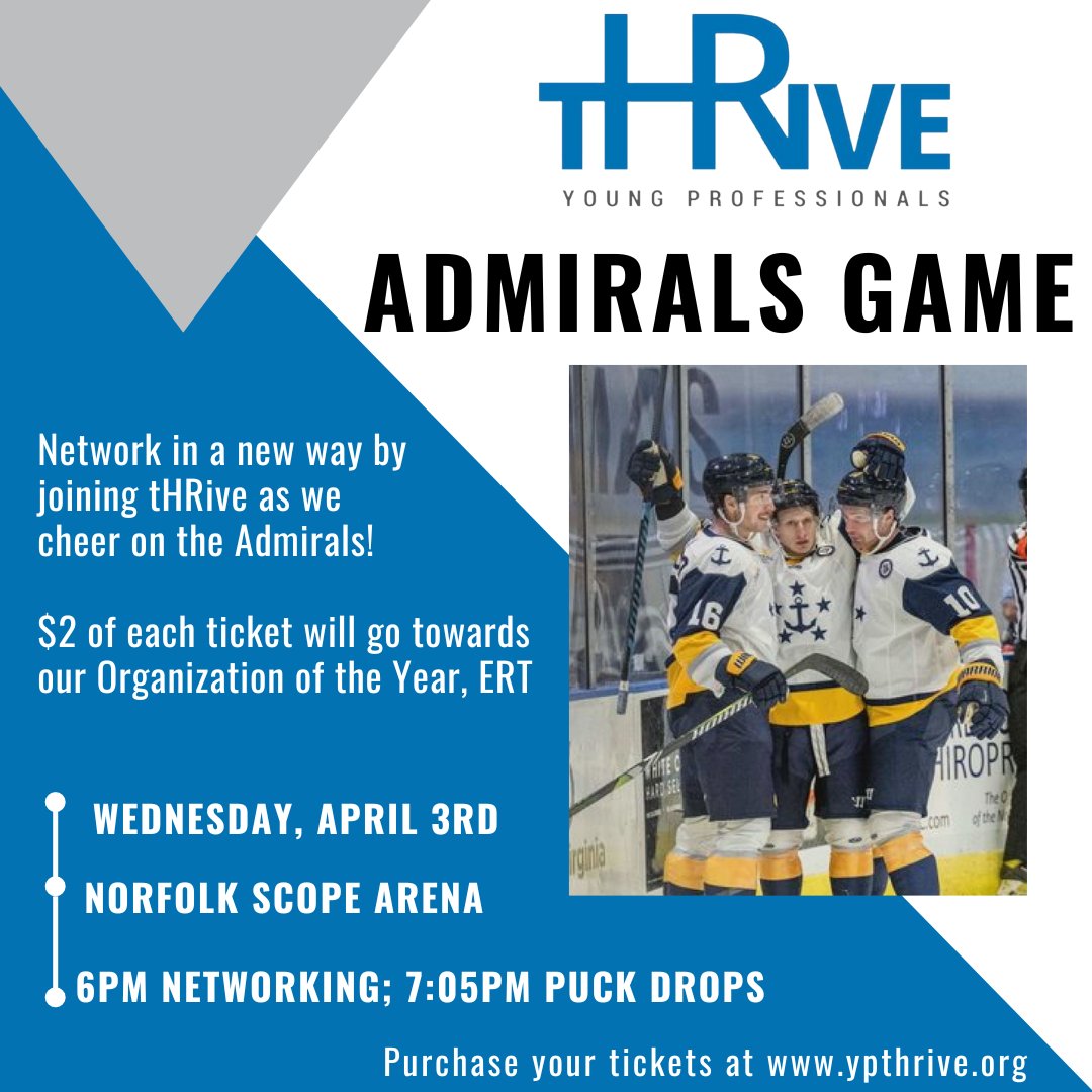 Networking and hockey, what could be better?! 🏒

Cheer on the Admirals with tHRive next Wednesday at the Scope Area! tHRivers will be able to network before the game and have some fun during intermissions with other hockey-loving fans! 

Register here: ypthrive.org/events/social-…