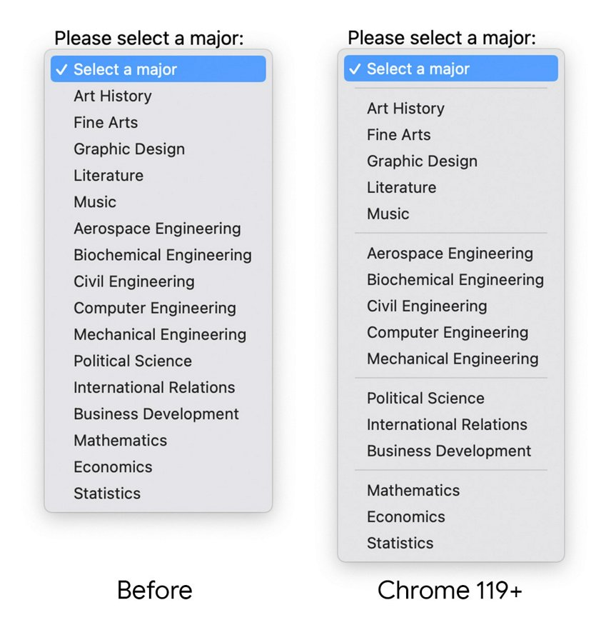 ✨ hr in select is now in all major desktop browsers*✨

*(not yet on mobile)

Learn more:
developer.chrome.com/blog/hr-in-sel…