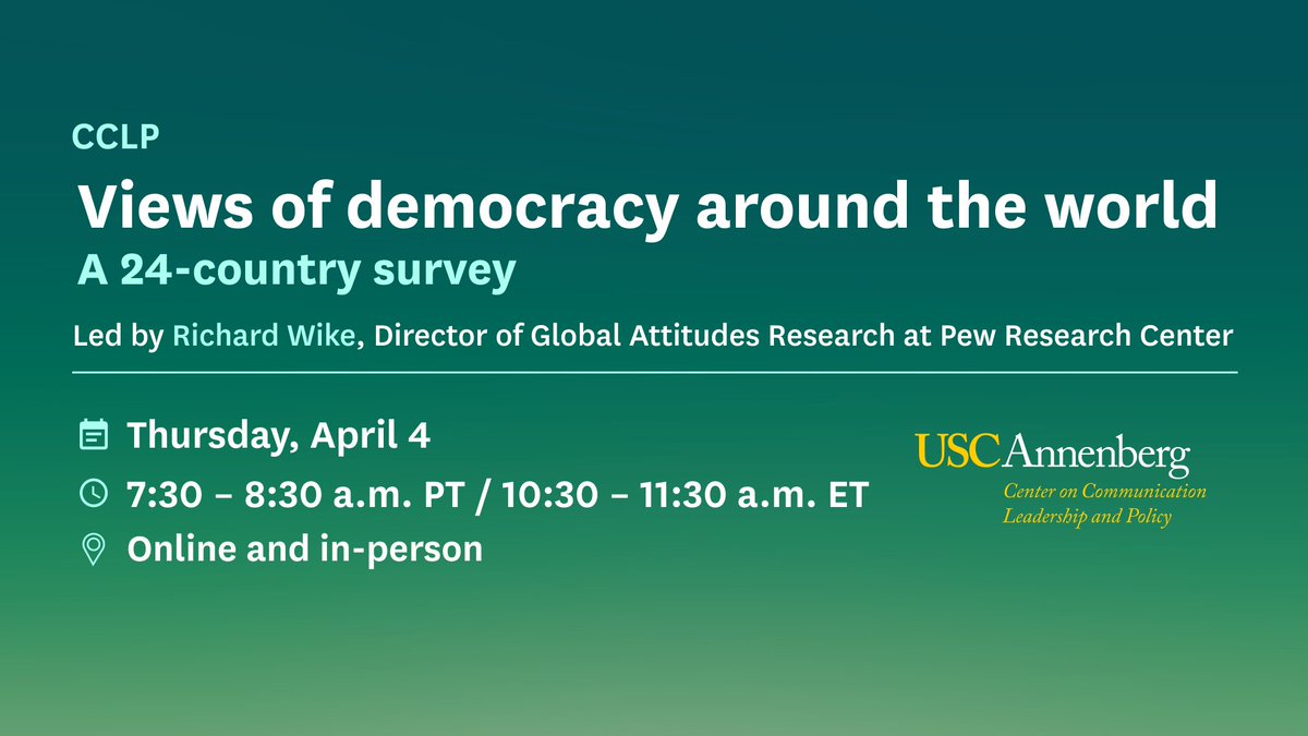 USC Annenberg (@uscannenberg) on Twitter photo Join <a href="/USC_CCLP/">USC Annenberg CCLP</a> for their public diplomacy forum on democracy around the world on Thursday, April 4 at the USC Capital Campus in Washington, D.C. This event will be led by <a href="/RichardWike/">Richard Wike</a>, director of global attitudes research at Pew Research Center. RSVP: annenberg.usc.edu/events/cclp/vi… Join <a href="/USC_CCLP/">USC Annenberg CCLP</a> for their public diplomacy forum on democracy around the world on Thursday, April 4 at the USC Capital Campus in Washington, D.C. This event will be led by <a href="/RichardWike/">Richard Wike</a>, director of global attitudes research at Pew Research Center. RSVP: annenberg.usc.edu/events/cclp/vi…