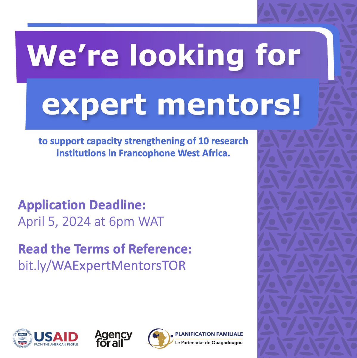 Agency for All (@agency4all) on Twitter photo 🔍 We’re looking for expert mentors to support capacity strengthening of 10 #research institutions in Francophone #WestAfrica!
🗓Deadline: April 5, 2024 • 6:00 PM WAT
👉Terms of Reference: lnkd.in/eHXj83c8
CC: <a href="/POuagaPF/">Partenariat de Ouaga</a> <a href="/evihdaf/">EVIHDAF</a> <a href="/sambodhi/">Sambodhi</a> <a href="/Makerere/">Makerere University</a> <a href="/GEH_UCSD/">Center on Gender Equity and Health at UC San Diego</a> 🔍 We’re looking for expert mentors to support capacity strengthening of 10 #research institutions in Francophone #WestAfrica!
🗓Deadline: April 5, 2024 • 6:00 PM WAT
👉Terms of Reference: lnkd.in/eHXj83c8
CC: <a href="/POuagaPF/">Partenariat de Ouaga</a> <a href="/evihdaf/">EVIHDAF</a> <a href="/sambodhi/">Sambodhi</a> <a href="/Makerere/">Makerere University</a> <a href="/GEH_UCSD/">Center on Gender Equity and Health at UC San Diego</a>