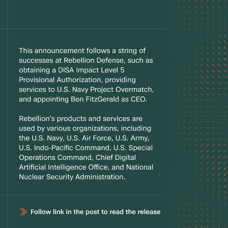 RebellionDef's tweet photo. 🚀 Rebellion Defense is officially on the @USGSA Schedule! It's now faster, easier, and cheaper for the U.S. government to procure our software and services. Learn why: https://t.co/Qun7aC6mec
#SoftwareDefinedDefense #NationalSecurity