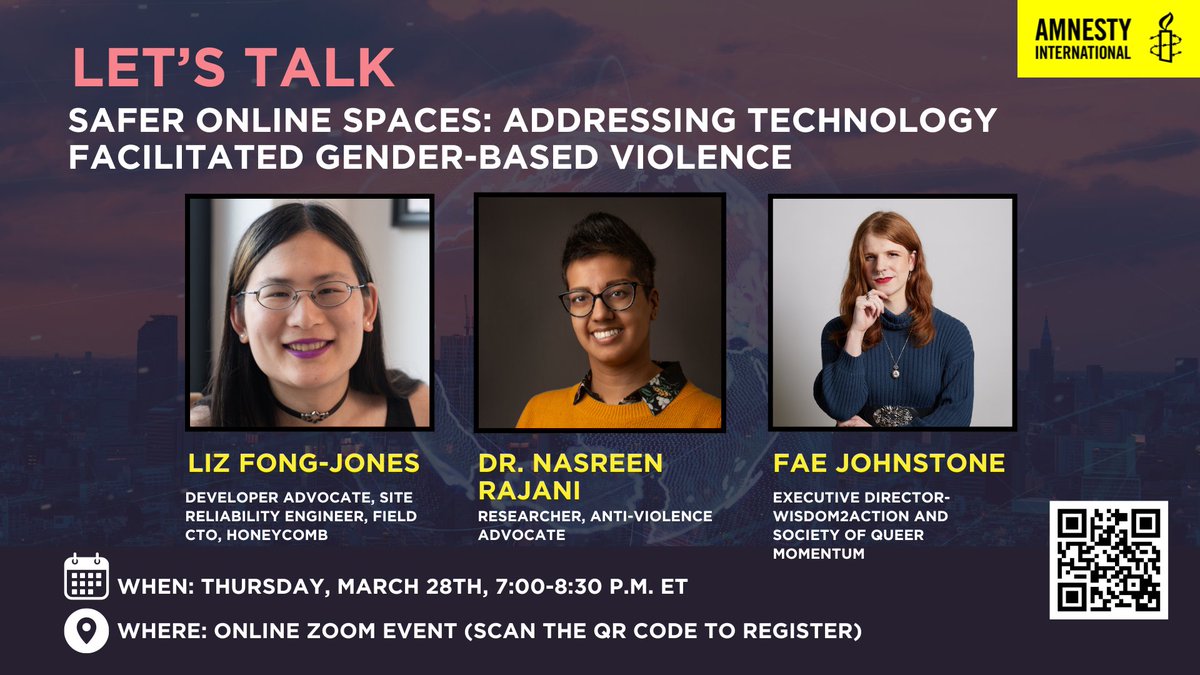 Please join AI Canada for our webinar on online violence. We will hear from and celebrate the stories, struggles and experiences of three inspiring activists who are striving for safer digital spaces! @AmnestyNow #TDOV2024 #IWD2024 #WomensHistoryMonth2024