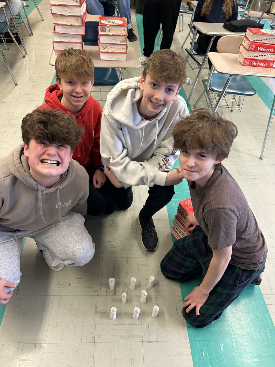 8th grade engineering students created free standing structures to hold up Webster’s Dictionaries. Height in cm x books divided by time of finish. Congrats to Sam, Brian, and Brendan for best score. Claire, Destiny, Allie, and Ever for most books <a href="/MrMcMahonCHS1/">Dave McMahon</a>