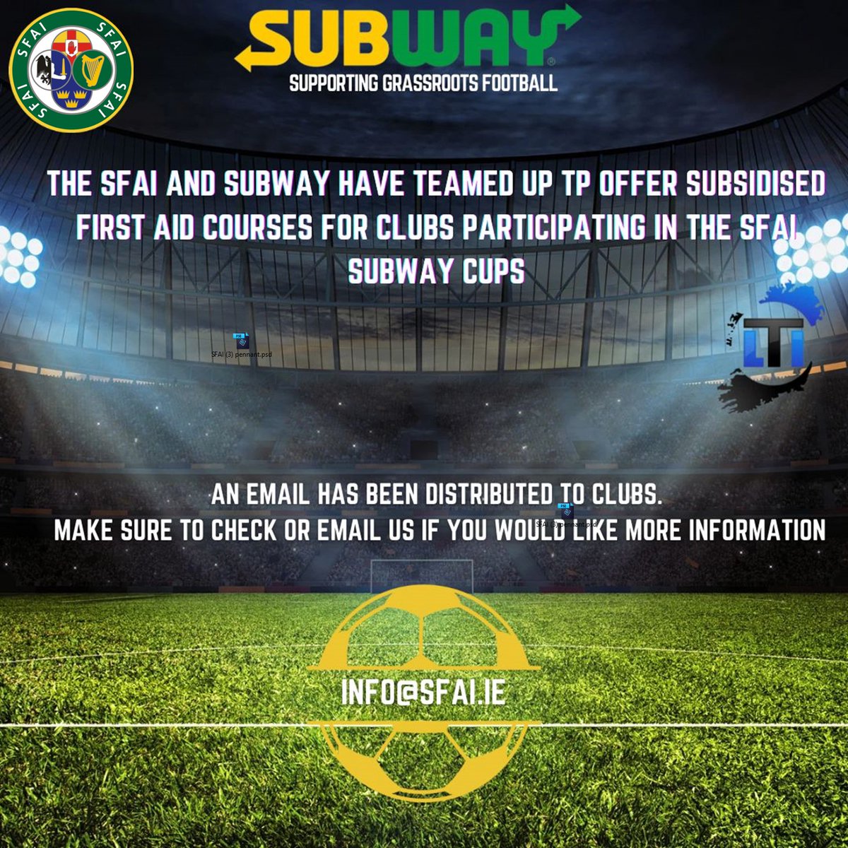 The SFAI & SUBWAY teamed up to offer subsidised First Aid Courses for clubs participating in the SFAI SUBWAY Cups. An email distributed to clubs, check or contact us info@sfai.ie @IrelandLeisure - a nationwide provider. @SubwayROI #sfaiSUBWAY
