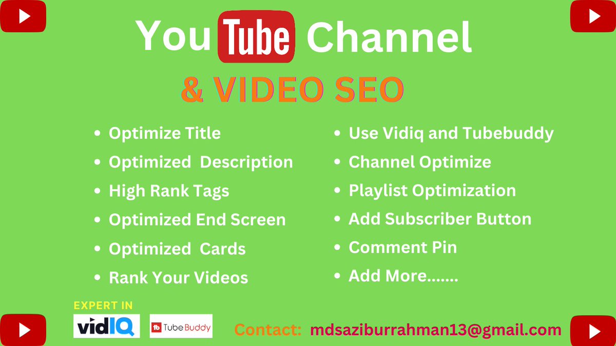 I will rank youtube video SEO with vidiq and tubebuddy. Video SEO Expert💯.

#rankvideo #videoseo #youtubevideoseo #usavideoseo  #youtubeseo #growyoutubechannel #videooptimize #channelseo  #seoservice #youtube #seo #uk #freelancer #channeloptimize #videooptimization #growyoutube