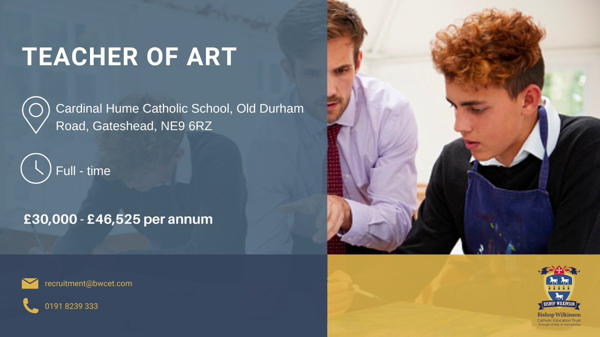 We are looking for an Art Teacher to join Cardinal Hume Catholic School. northeastjobs.org.uk/job/Teacher_of… #BWCET #Teacher #Education
