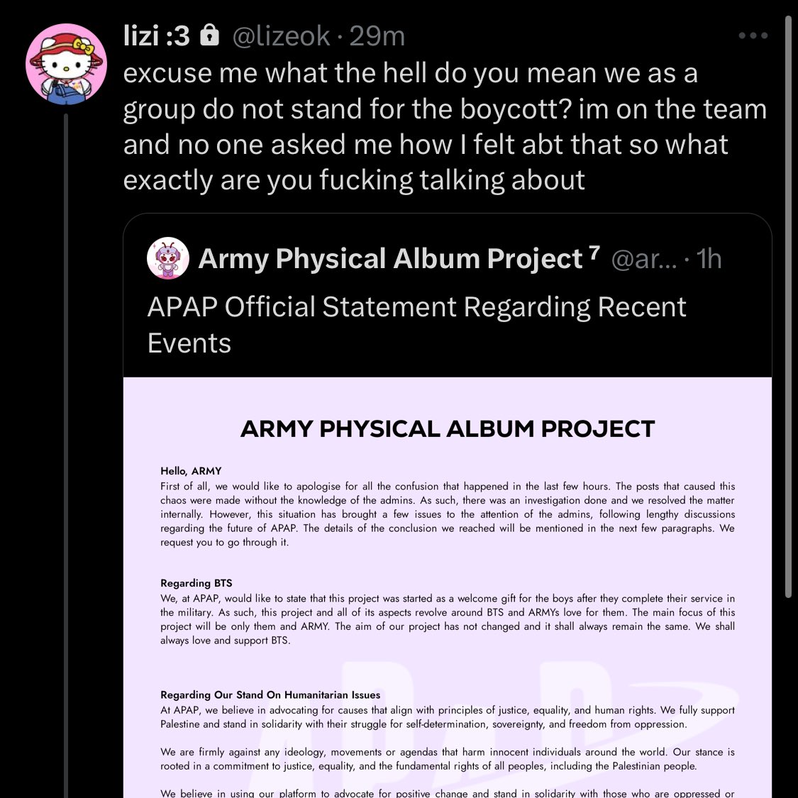 yoongienthusias's tweet photo. not just the statement of your being contradictory and in complete bad faith, you as admin did not even consider a dialogue with the artists and members of the project about their views before putting out a  statement as a team? https://t.co/3yAiapPdOP